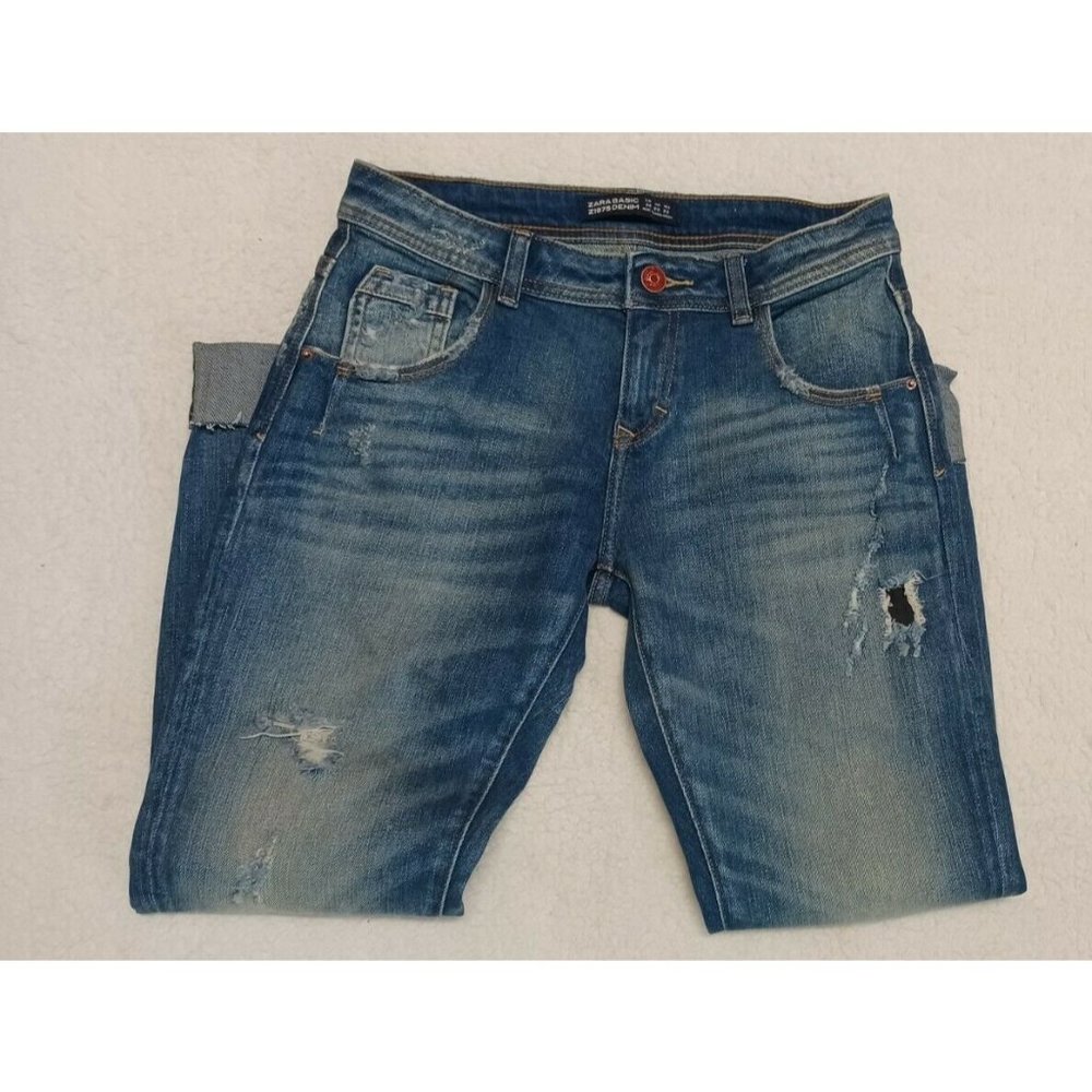 Zara Basic Women's Z1975 Jeans Size 00 Blue Light Wash Stretch Denim Cuffed